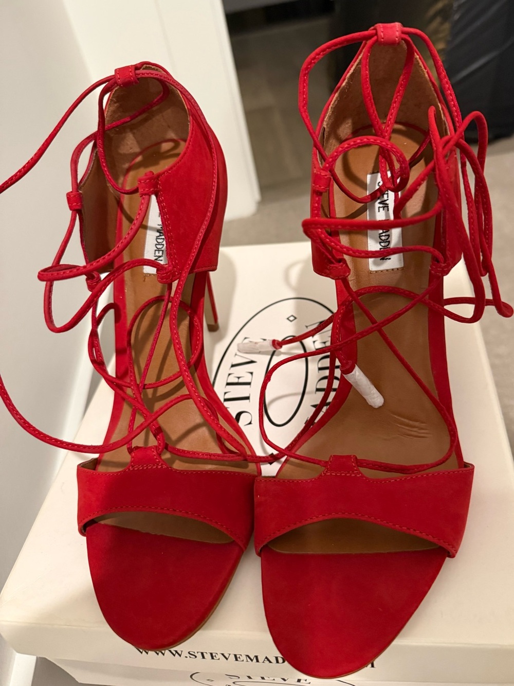 Steve Madden Red Suede Lace-Up Stiletto Sandals
